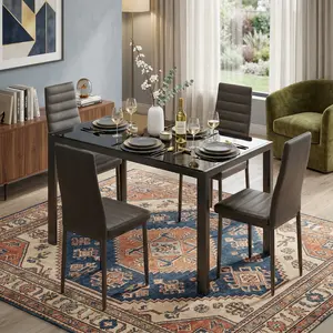 5-Piece Dining Table Set, Modern Glass Dining Table with 4 High-Back PU Leather Chairs, Indoor Furniture for Kitchen & Living Room