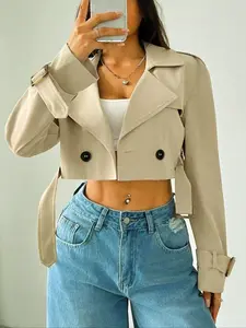 Women's Plain Fitted Crop Trench Coat - Solid, Double-Button, Belted Lapel Neckline, Long-Sleeve, Casual Womenswear Outerwear for Spring & Fall, Daily Wear Tops Lady
