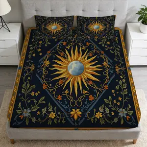 2/3 Pcs Mysterious Flower Sun Pattern Fitted Sheet Set(1*Fitted Sheet+1/2*Pillowcase,No Filling),High-Definition Digital Printing,Soft And Comfortable Fabric,Suitable For All Year Round,Perfect Gift For Family And Friends On Festivals!