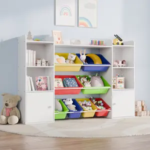 Scabine 4-Tier Kids' Toy Storage Organizer Shelf - 100% Solid Wood,Extra Wide Children's Storage Cabinet with 8 Plastic Bins and 4 Storage Ports Bookcase Bookshelf Corner Bookshelf