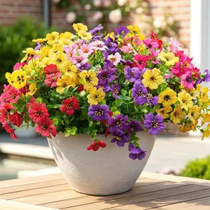 [First 50 Orders Get Free Gift] Artificial Violet Fake Flowers for Outdoor Decoration, UV Fade Resistant Faux Plastic Silk Flowers with Greenery for Porch Patio Lawn Garden Balcony Window Box Cemetery Yard Decor