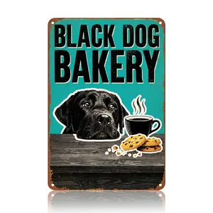 Luhery Black Dog Bakery Metal Signs Funny Labrador Coffee Cookies Wall Art HD Printed Vintage Retro Style Rustic Funky Home Decor Kitchen Decor Waterproof Durable Easy Hang Home Office Gift Idea 8x12inch 20x30cm