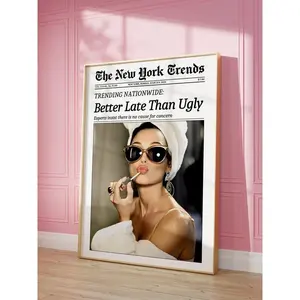 Stylish "Better Late Than Ugly" Print - A Trendy Newspaper - Inspired Wall Art. Echoing New York Times - like Headlines, this Black Girly Poster is the Perfect Trendsetting Fashion Decor for Dorm Rooms - Unframed canvas college apartment artistic dark