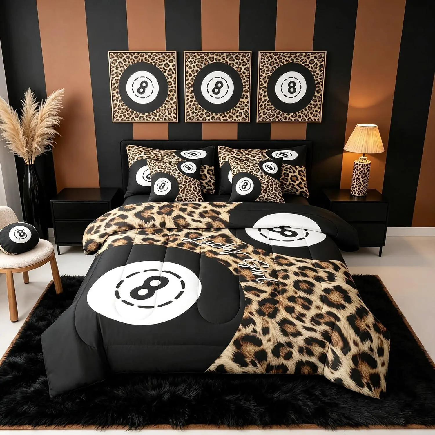 Lucky 8 Ball Comforter Set with Sheets Cheetah Print Leopard Print 7 Pieces Bedding Set Brown Black Bed in a Bag Coquette Room Decor Soft Lightweight Microfiber