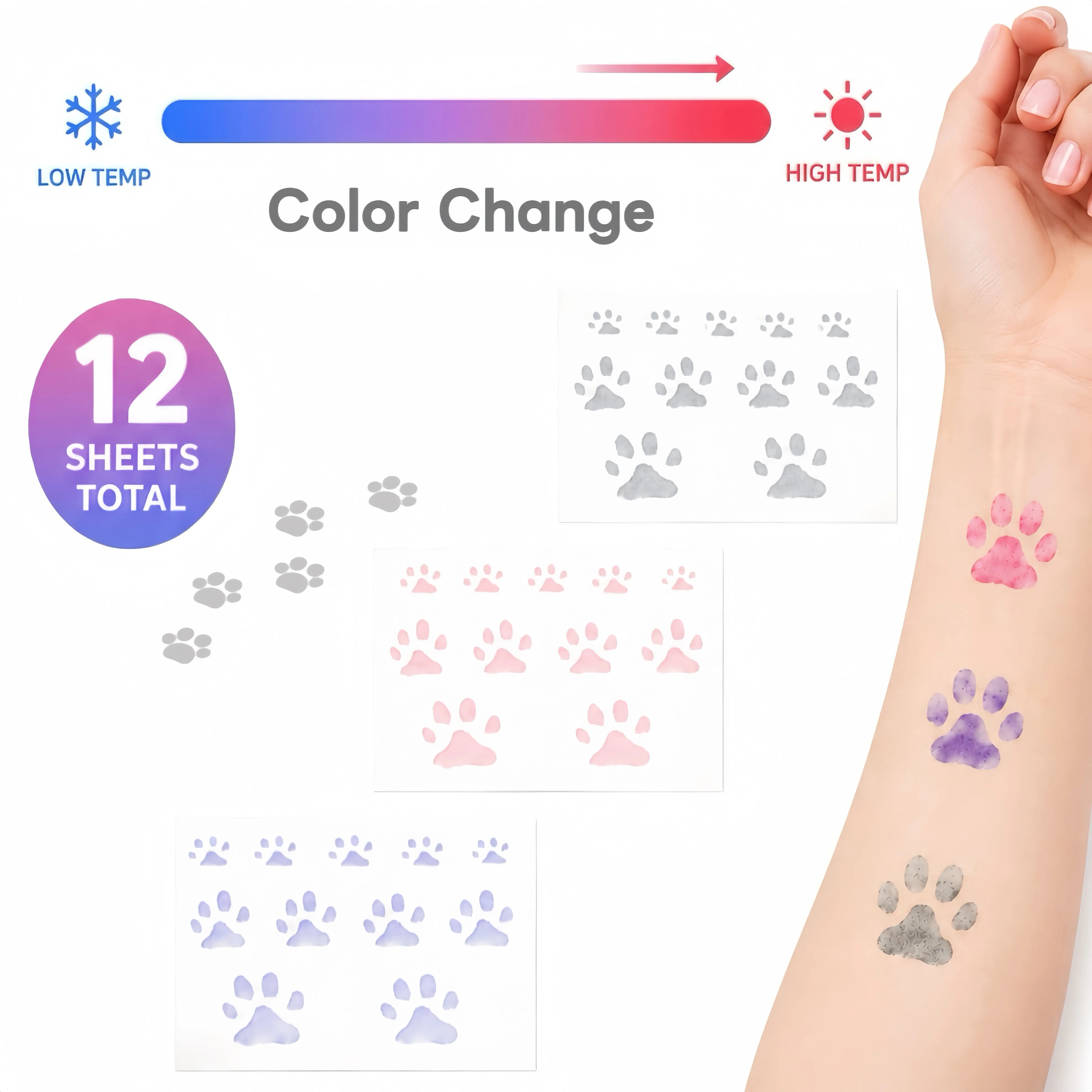 12 Sheets Temperature Color Changing Cat Paw Temporary Tattoo Bundle – 3 Color Variants Red Fade Clear / Blue Turn Purple / Black Shift Pink Waterproof Cute Cat Paw Stickers for Women Teens Party Festival Body Decorations