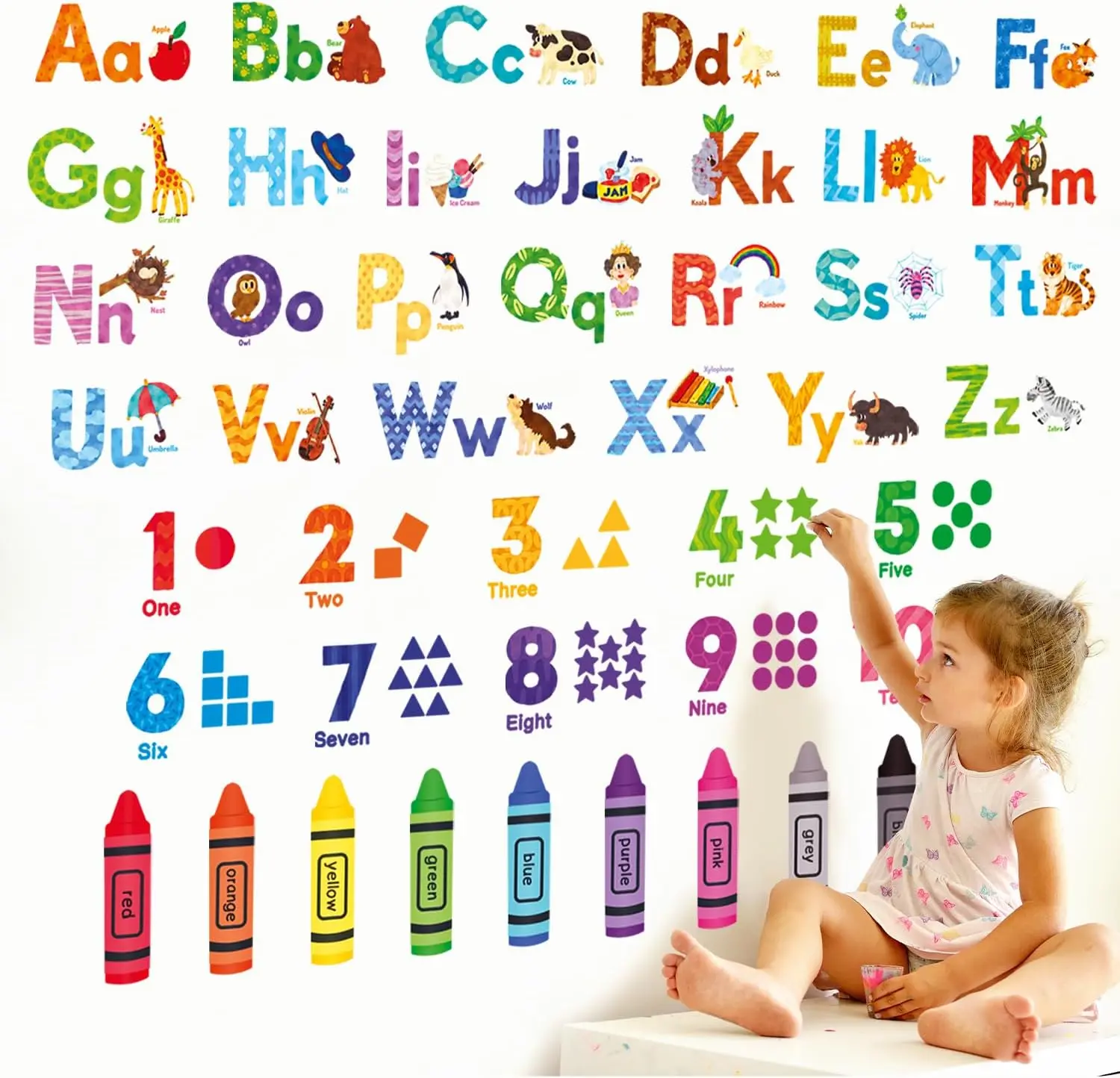 Animal Alphabet Numbers Color Decals Stickers Peel and Stick Removable for Room décor Letters ABC Classroom playroom Decorations Educational Bedroom Nursery