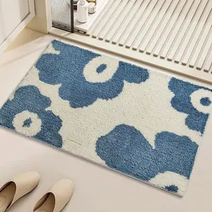 Bathroom Rug Cute Blue Bath Mat Funny Flower Soft  Bath Mats for Bathroom Absorbent Quick Dry Non Slip Washable for Shower Doorway and Bathtub, 24" x 16"
