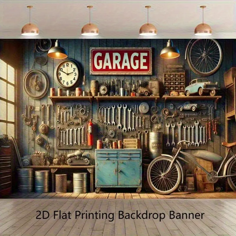 Large Size Automotive 2D Flat Polyester Banner, 1-Piece 243.84x182.88cm Durable Garage Wall Hanging Backdrop with Realistic Tool Storage, Vintage Clock, Bicycle Accents, Ideal for Automotive Theme Parties, Party Decoration Supplies,summerwins