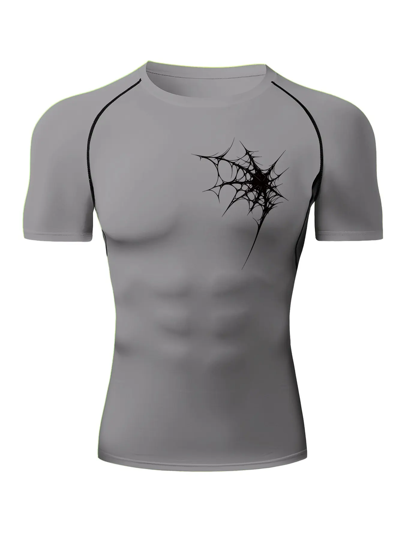 Y2K Gothic Men's Raglan Sleeve Compression T-Shirt Gym Training Tee Cyber-sigilism Spider Web Printed Short Sleeve Fitness Muscle Fit Tops Quick Dry