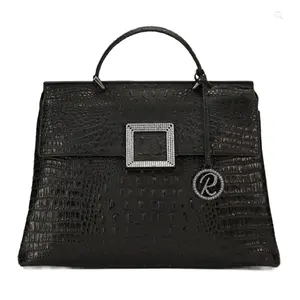 Raviani Italian black crocodile embossed Leather with crystal satchel purse