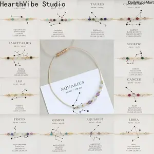 12 Zodiac Natural Stone Beaded Bracelet, Handmade Adjustable Jewelry