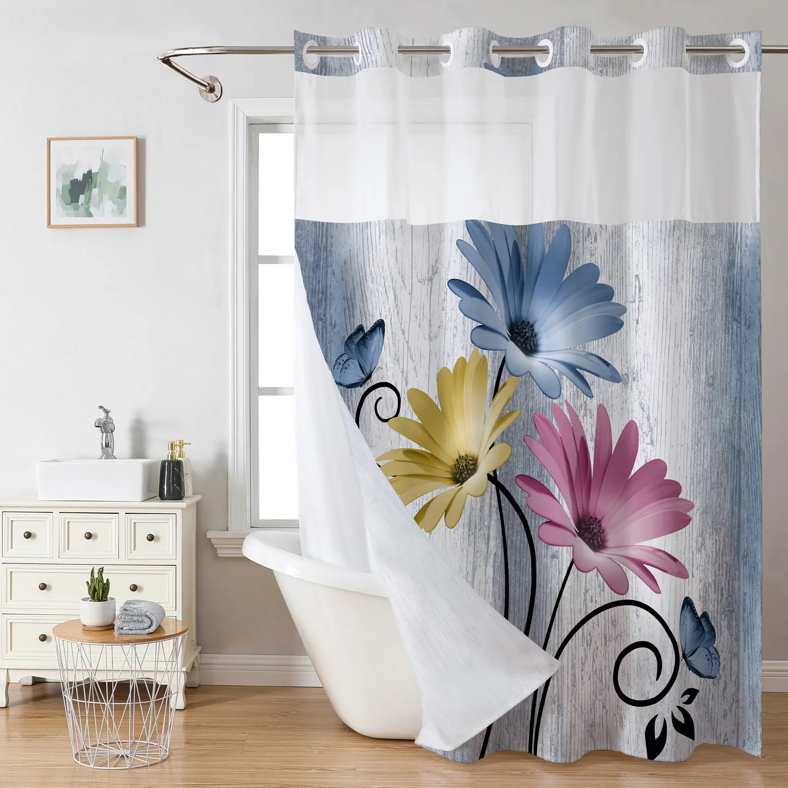 Colorful No Hooks Double-layer Shower Curtain, Daisy Printed Waterproof Fabric, Retro Country Style Home Decoration, Hotel, Dormitory and Bathroom Accessories, 72x75in