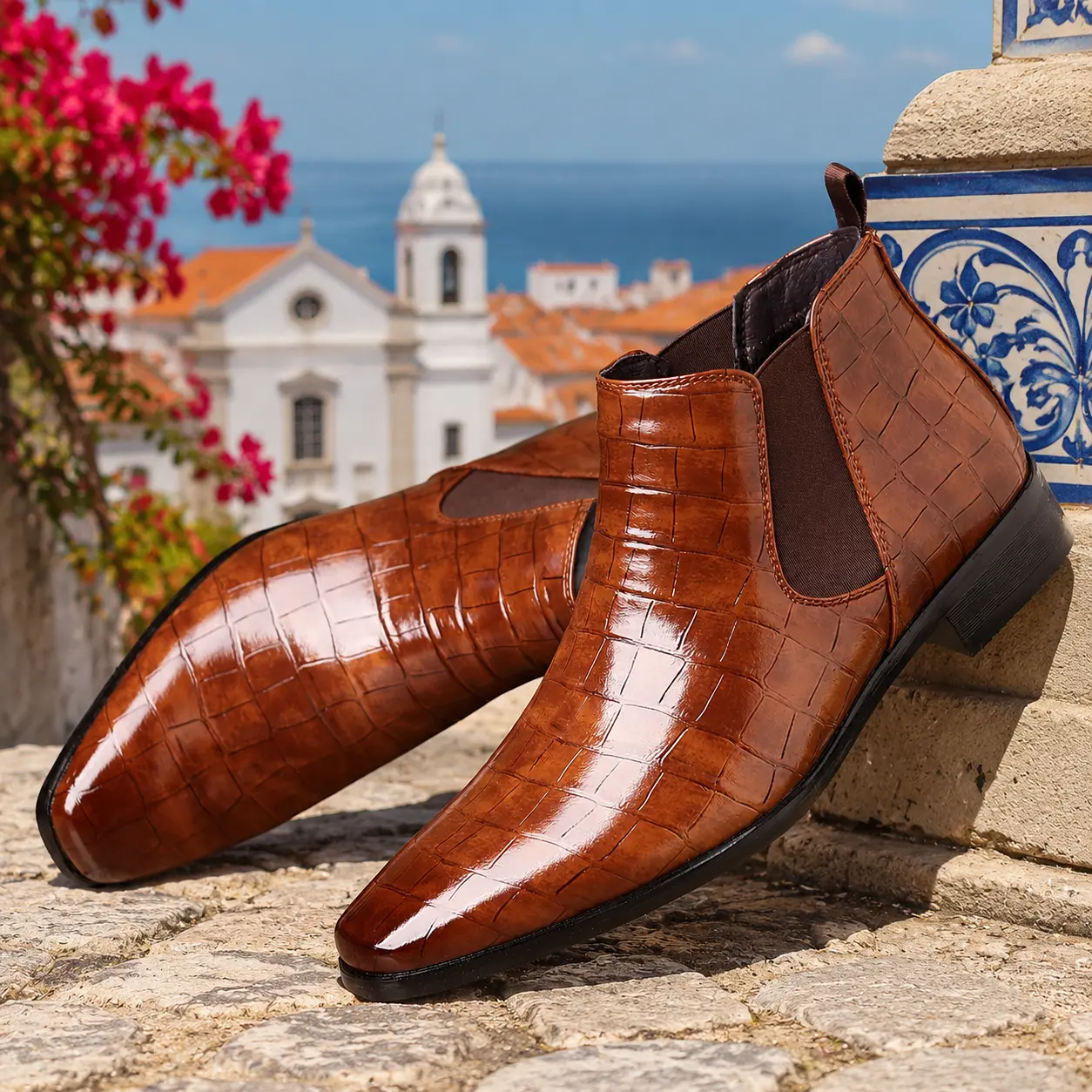 Men's Dress Chelsea Boots Business Casual Ankle Boots with Crocodile Embossed Leather Look and Slip-On Elastic Panels