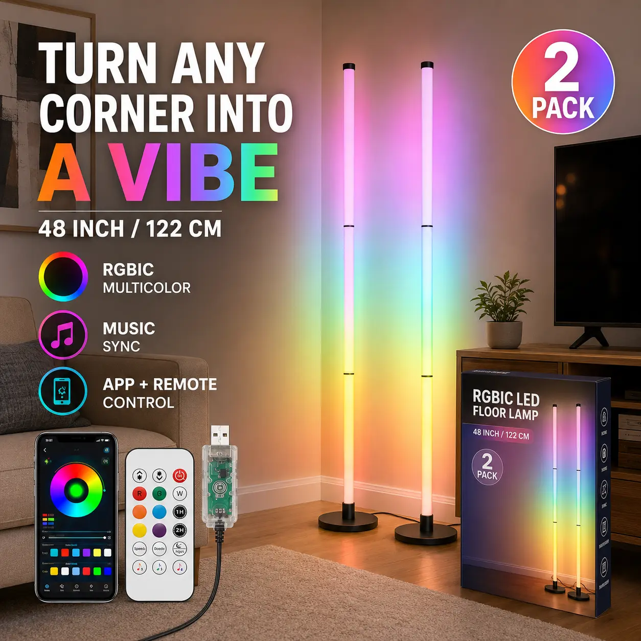 Smart RGB LED Floor Lamp, 47 Inch Color Changing Corner Lamp with Remote Control & App Control, Music Sync LED Light for Bedroom Living Room Gaming Room Decor