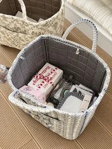 Spring Ready Quilted Basket, Soft, Chic & Spacious Cotton Tote for Women, Vintage Toile Print + Gingham Lining, A Go-To for Picnics, Home Decor, and Weekend Getaways