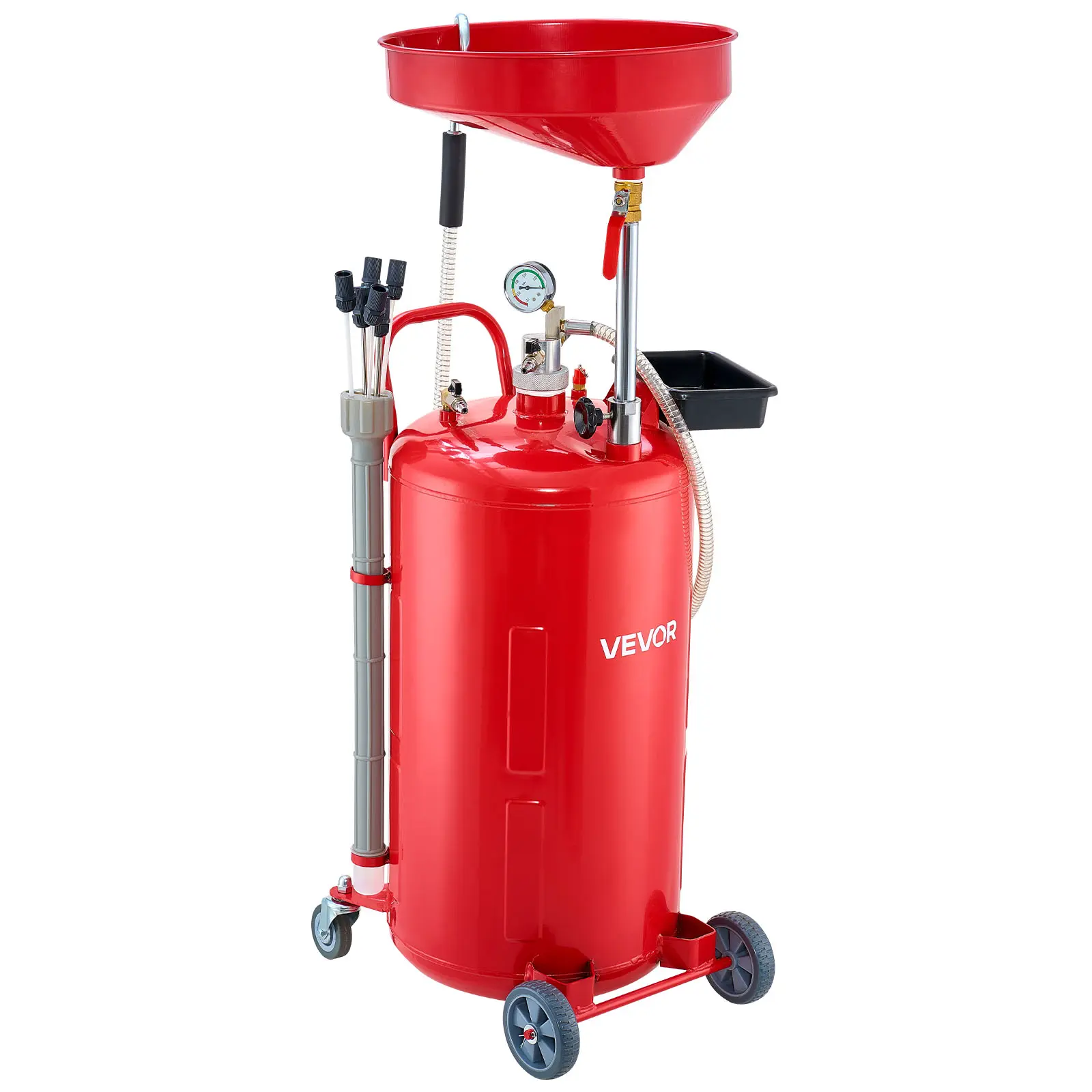【Summerfinds】VEVOR 21 Gallon Waste Oil Drain Tank,Air Operated Portable Oil Drainer with Adjustable Funnel HeightIndustrial Fluid Drain Tank with WheelsFluid Fuel Transfer Drainage for Auto Repair ShopsRed