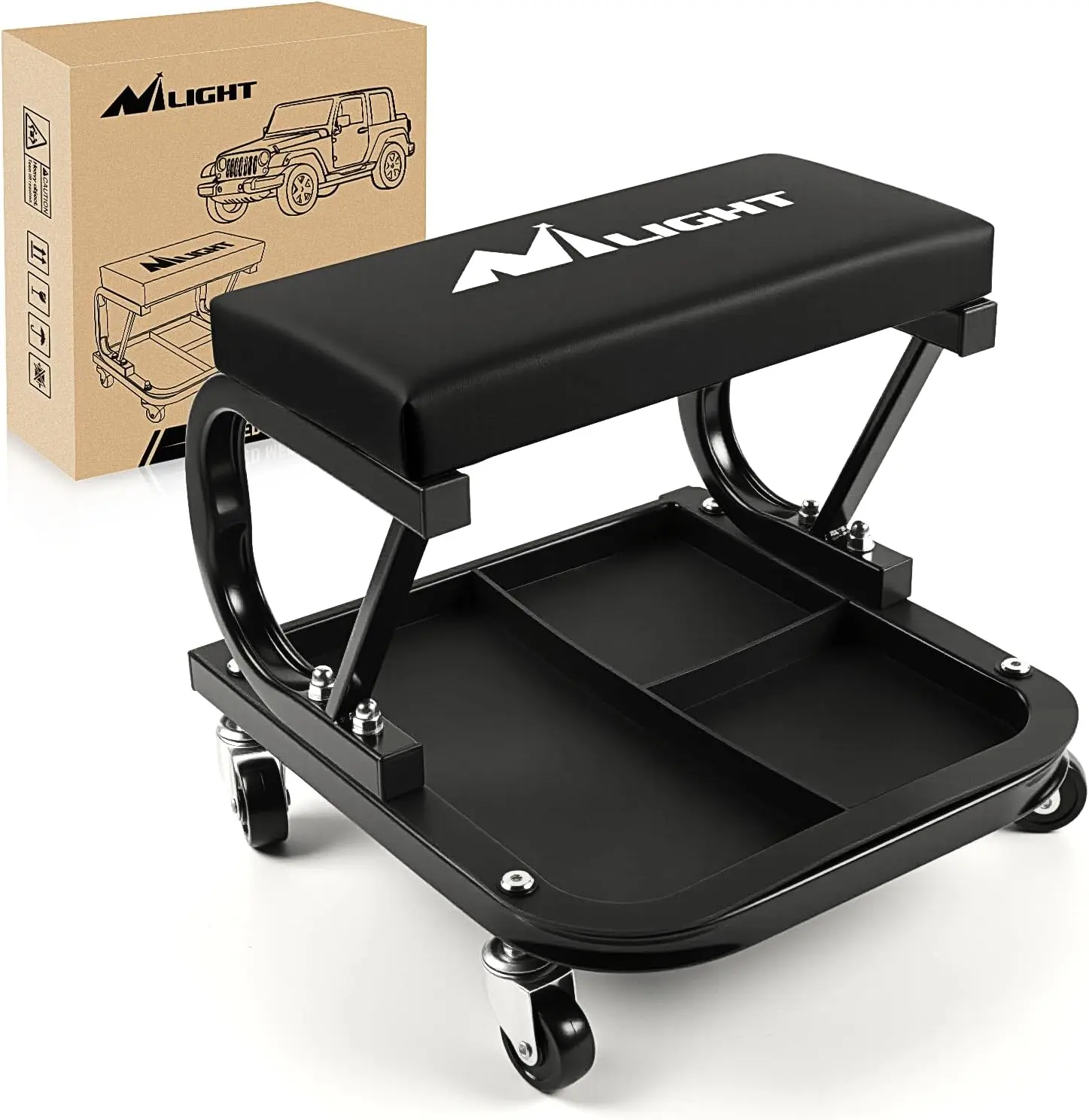 Nilight Padded Rolling Creeper Garage Seat - Steel Frame Mechanic Equipment with Tool Tray Storage, 250 lbs Capacity Black Workshop Stool for Car Repair Hand & Essential Tools, Hand Tools, Rolling Seat