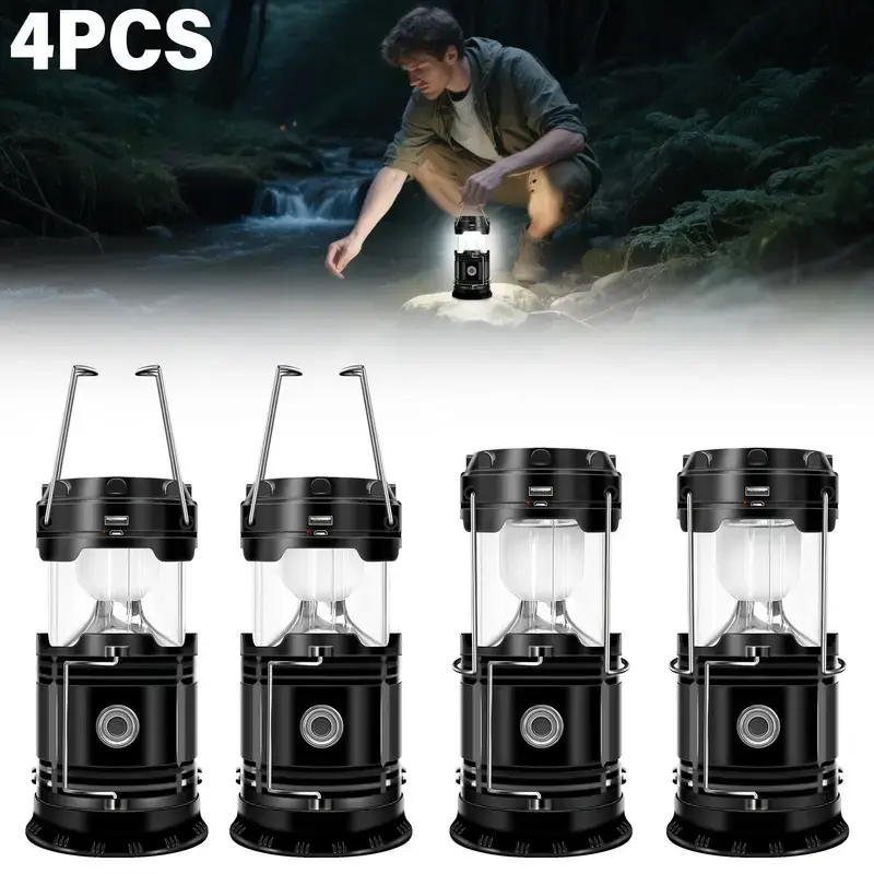 4-Pack Collapsible Portable LED Camping Lantern Lightweight Waterproof Solar USB Rechargeable Flashlight for Indoor/Outdoor Emergency Use，Camping Accessories，Fishing Garden Lighting Night security Garage Lighting