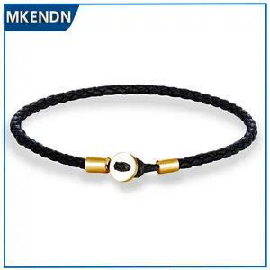 Simple Style Gold Color Stainless Steel Button Braided Leather Bracelet For Men Women Couple Jewelry Gifts Homme