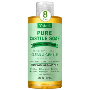 Yoken Peppermint Castile Soap Liquid 8 OZ, Made with Certified Organic Oils, Gentle Peppermint Soap for Body Wash, Face, Hands, Dishes, Laundry & More - Vegan & Natural Ingredients Versatile Cleanser