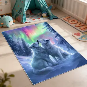 Aurora wolf pattern fluffy rug, 1count living room carpet，Cozy Soft Floor Mat for Bedroom/Room, Dreamy Snowy Forest Aesthetic Decor，THAT SLAPS!