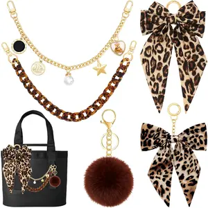 Zkptops 5PCS Tote Bag Decoration Kit Pearl Purse Chain Cute Bow Bag Charms Strap Extender Chain Keychain Charm Accessories for Women Compatible with YETI Camino Bogg Beach Handbag Wallet(Leopard)