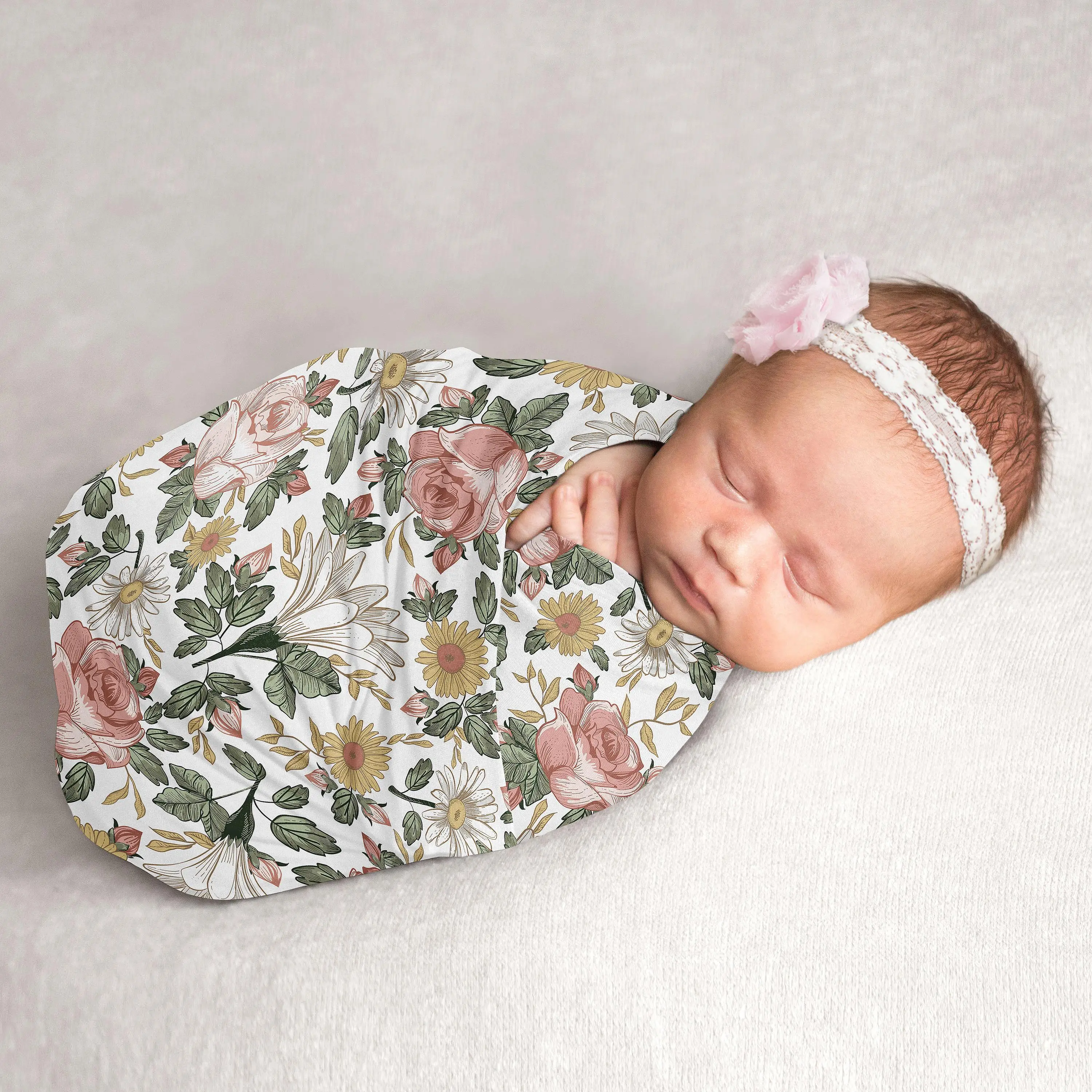 Sweet Jojo Designs Vintage Floral Boho Baby Girl Swaddle Blanket Jersey Stretch Knit for Newborn or Infant Receiving Security - Blush Pink, Yellow, Green, White Shabby Chic Rose Flower Farmhouse