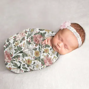 Sweet Jojo Designs Vintage Floral Boho Baby Girl Swaddle Blanket Jersey Stretch Knit for Newborn or Infant Receiving Security - Blush Pink, Yellow, Green, White Shabby Chic Rose Flower Farmhouse