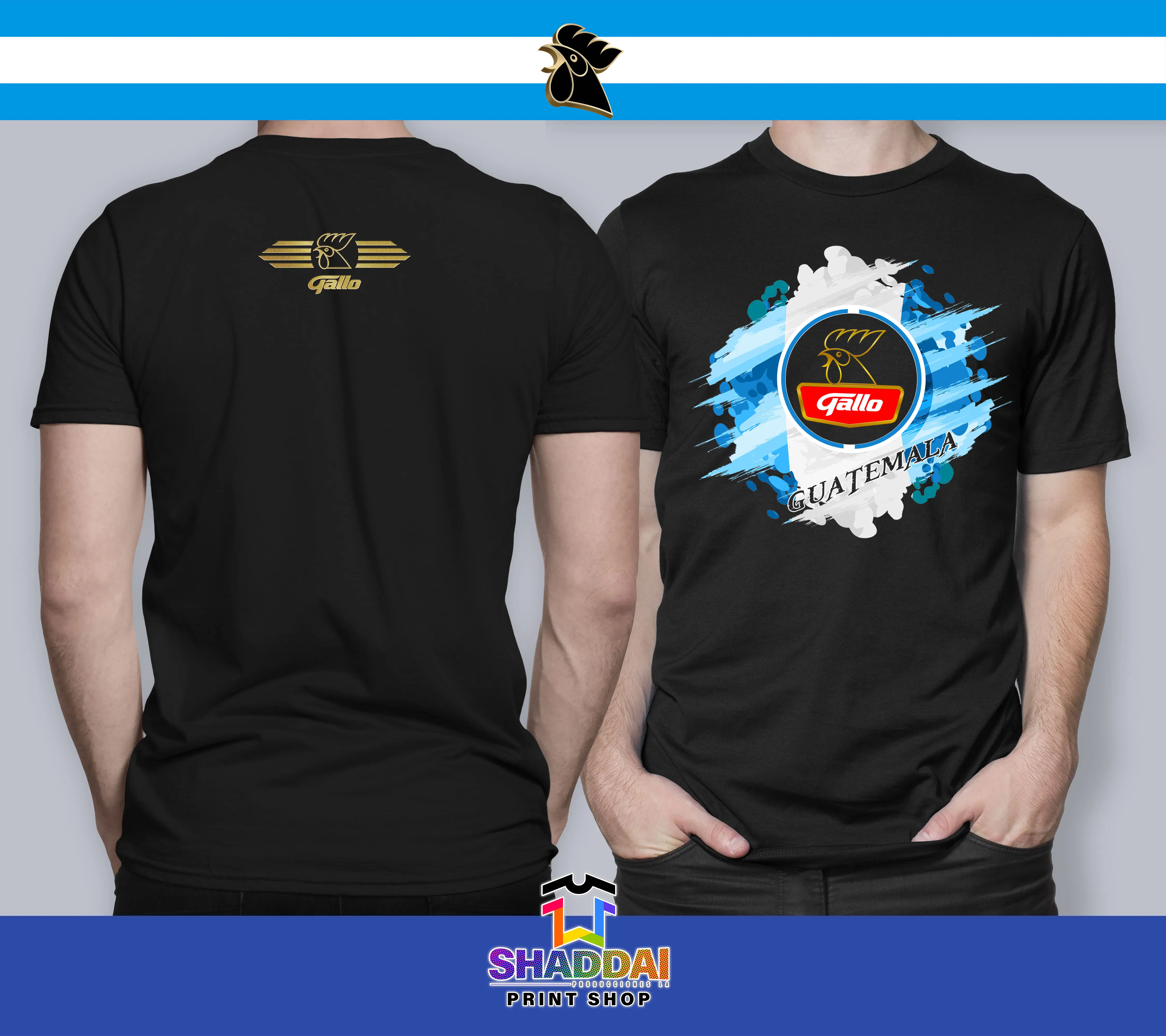 GuateGallo Azul y Blanco T-shirt Casual Man Outfit Soft Crewneck