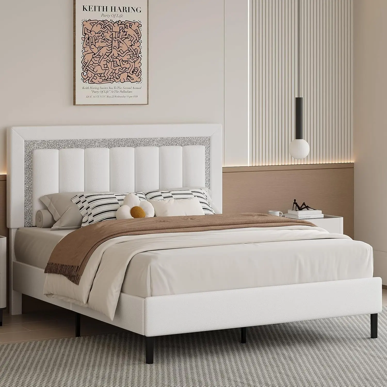 [DealsForYouDays][Summerwins] HOMBCK Bed Frame with Headboard, Bed Frame with Diamond Vertical Design Headboard, Wood Slats Support, Mattress Foundation, No Box Spring Needed summer garden,fathers day gift ideas