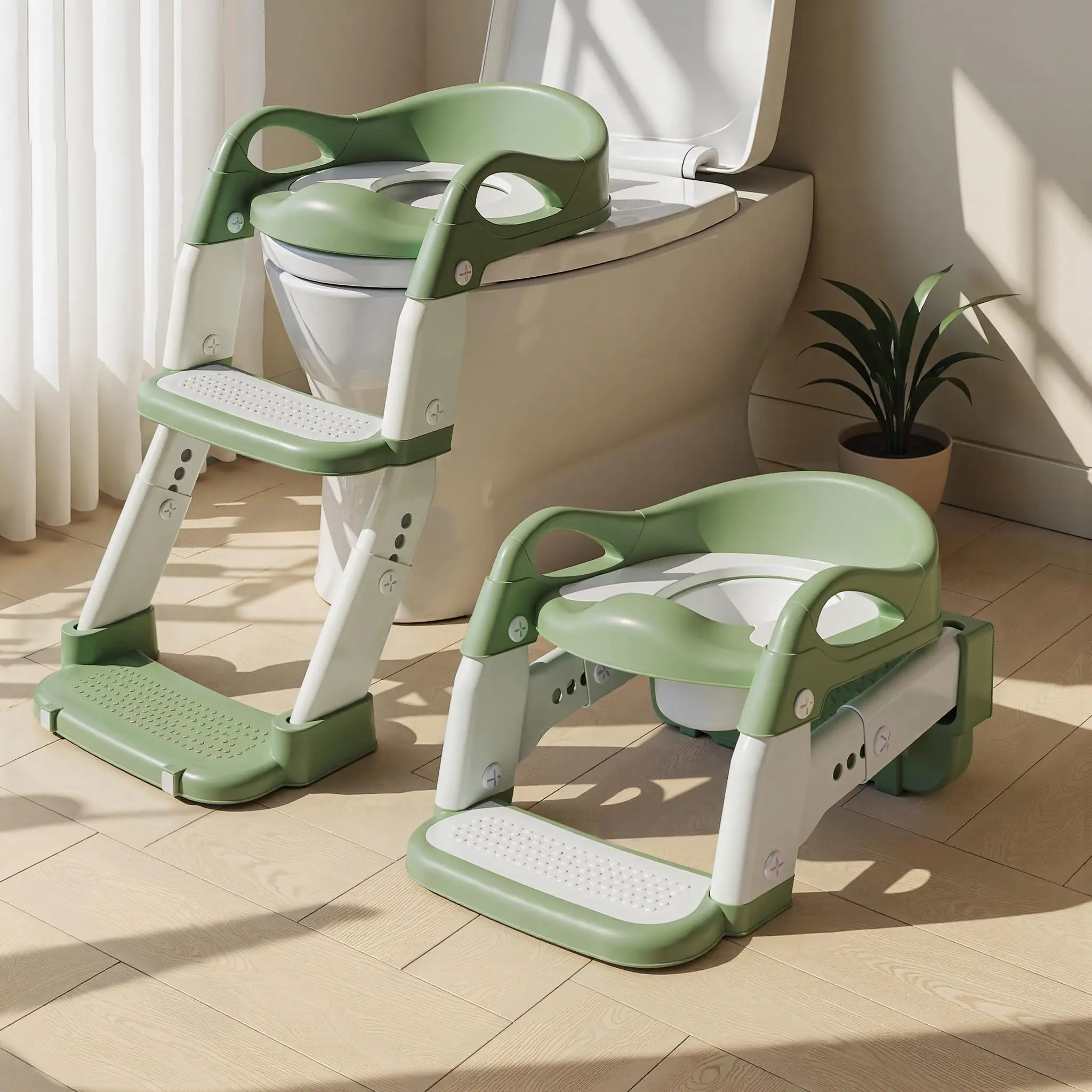 3-in-1 Potty Training Seat & Training Toilet & Potty Chair, Height Adjustable Toddler Toilet Seat for Kids Boys Girls, Foldable Potty Training Toilet with Splash Guard and Anti-Slip Steps