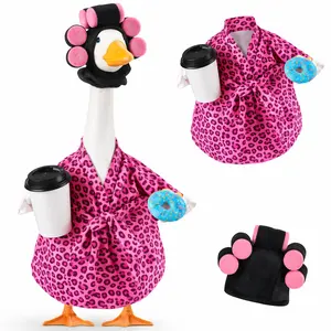 Lady Porch Goose Outfit Bathrobe for 23'' Cement Plastic Porch Goose Statue, Porch Goose Bathrobe with Coffee Cup & Donut & Curlers Porch Goose Clothes Costume for Outdoor Garden Yard Patio Lawn Porch Decor