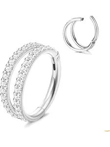 1 Pc Silvery 16G Septum Clicker Nose Ring for Women Men Hypoallergenic Surgical Steel Sparkling 3A Zirconia Double Open Stacked Design Sleek Layered Look Standard 16G Gauge Fits Septum Helix Rook Conch Cartilage Daith Tragus Piercing