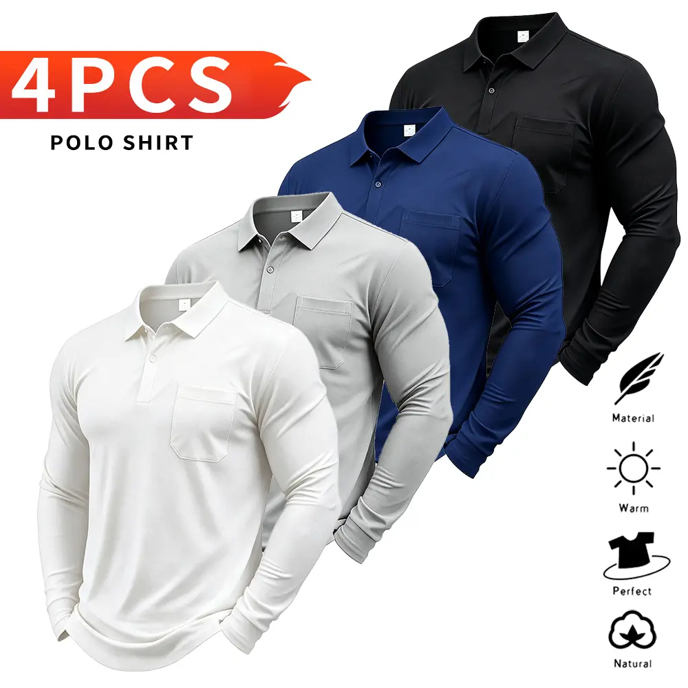 Men’s long-sleeve polo shirt set of four, featuring a chest pocket design and various styles, suitable for pairing with different outfits. Ideal for travel, business, golf events, and excursions in the countryside, as well as for the back-to-school season