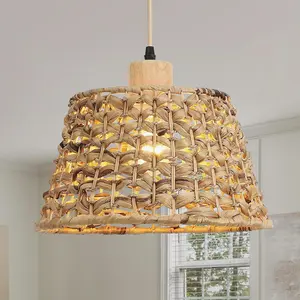 Rattan Boho Pendant Light, 12" 1-Light Hand-Woven Wicker Water Hyacinth Cone Hanging Light for Kitchen Island Dining Room