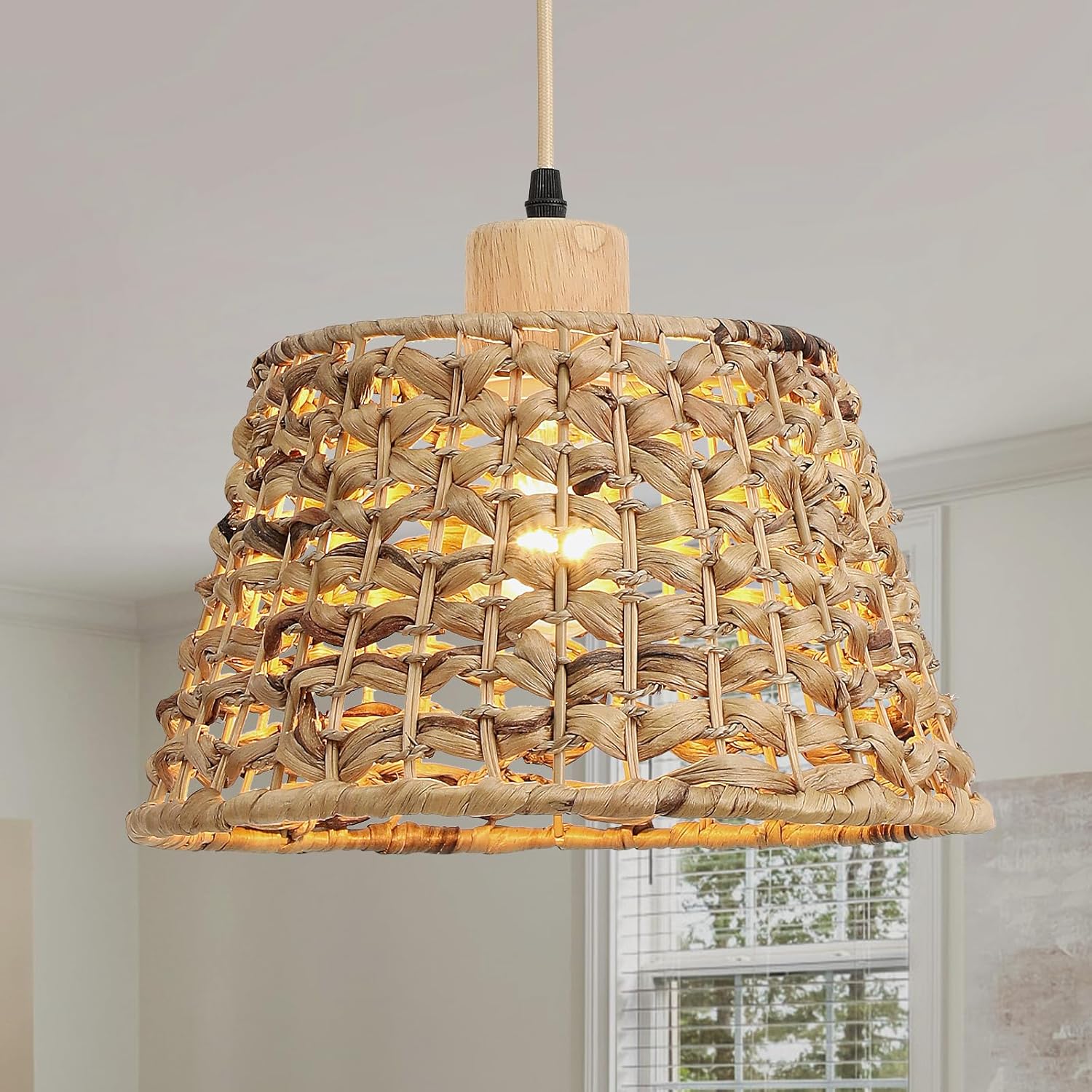 Rattan Boho Pendant Light, 12" 1-Light Hand-Woven Wicker Water Hyacinth Cone Hanging Light for Kitchen Island Dining Room