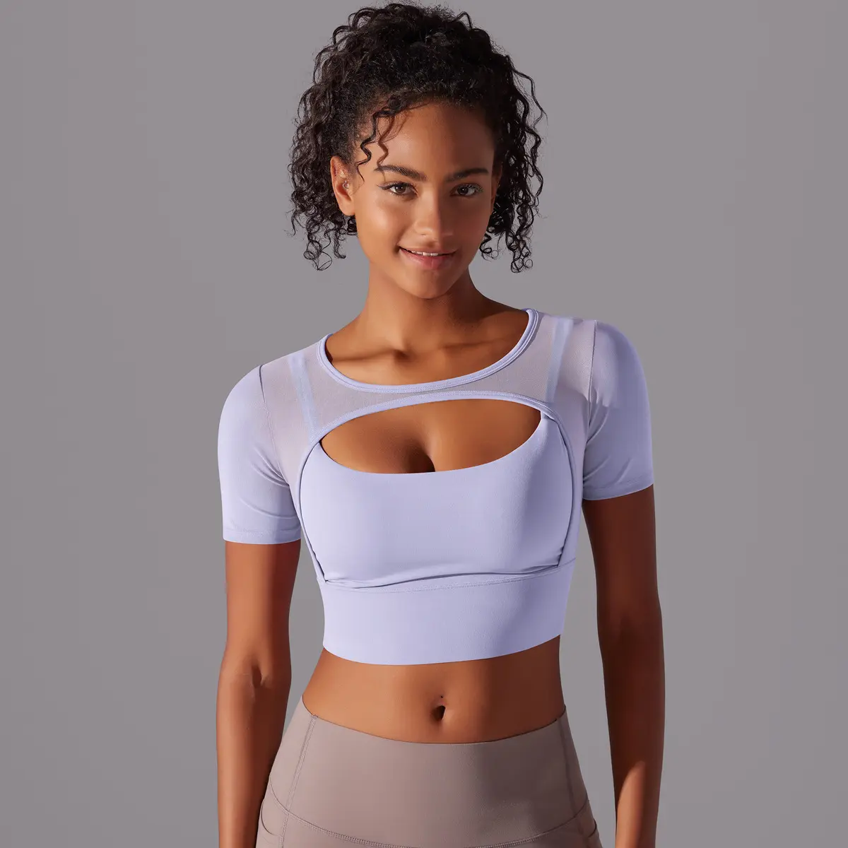 7040 Mesh Hollow Short Sleeve - Light Lavender