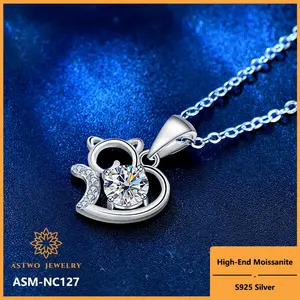 [ASM-NC127] Cute cat 925 sterling silver necklace summer moissanite diamond moissanite cat pendant birthday gift for friend