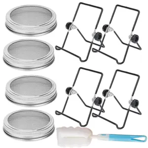 Set of 4 Sprouting Lids Growing Kit, 304 Stainless Steel Screen Sprout Lids with Adjustable Stands, Organic Sprouts, Broccoli, Alfalfa Mung Bean Sprout Kit