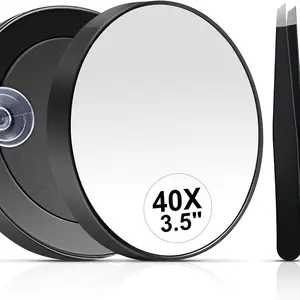 40x Magnifying Makeup Mirror Set, Includes Suction Cup & Tweezers, Travel Essential, Portable 3.5 Inch Eyebrow Grooming Mirror