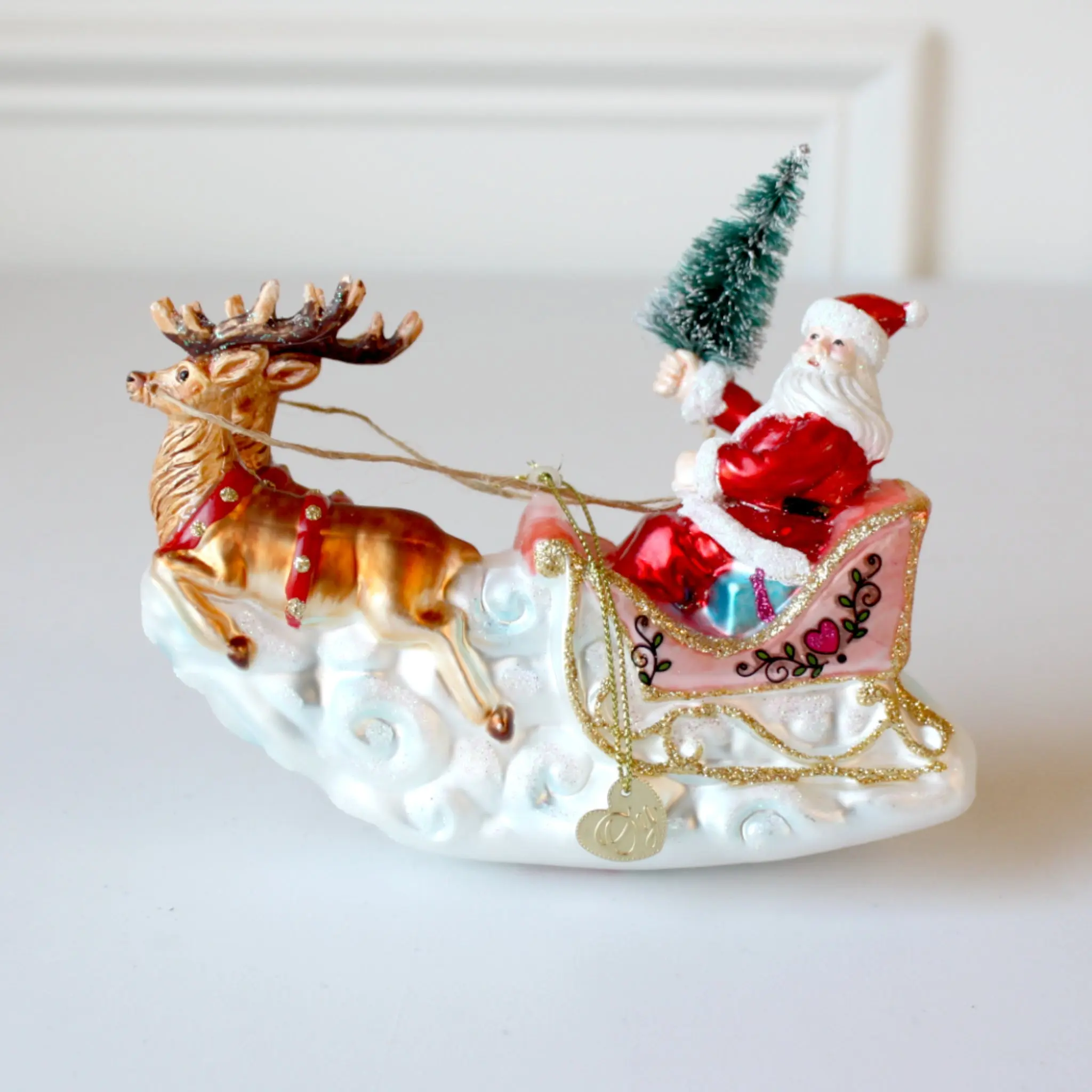 Santa's Sleigh and Reindeer Glass Christmas Ornaments