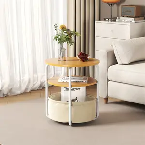 Round Side Table with Storage Basket, 15.7 Inch c Table for Couch Couch End Table with Fabric Bin, Iron and MDF Sofa Side Table for Living Room Bedroom Small Space, Modern Minimalist,Natural+Beige/Brown+Grey