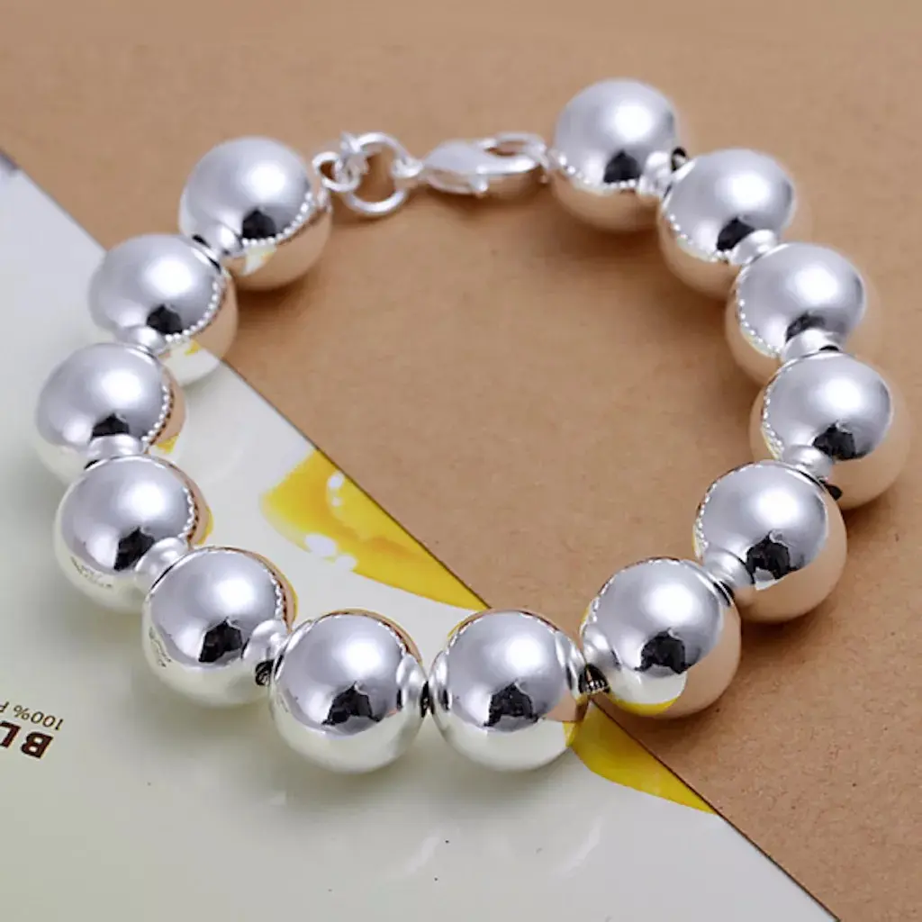 925 Sterling Silver Moon-Inspired Beaded Bracelet - 14mm Ball Beads, 8in Length, Durable Design, Secure Lobster Clasp, Classic Unisex Jewelry for Female Adults, Versatile Style Fit, Crafted by Moon Manufacturers, 8 Inches