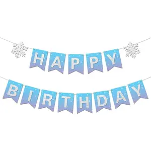 Winter Snowflake Happy Birthday Banner Prestrung intend for Girl Winter Wonderland Frozen Themed Birthday Party Decorations Blue Purple Silver