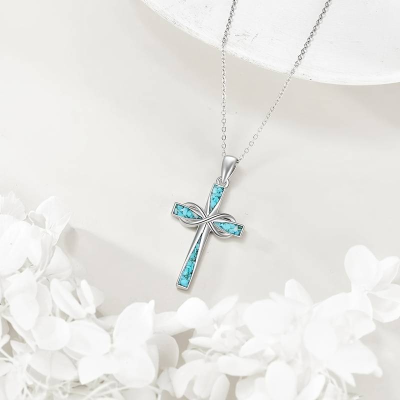 3Pcs Bohemian Turquoise Cross Pendant Necklace and Earring Set for Women - Infinite Symbol Religious Cross Pendant - Holiday or Birthday Gift for Friends
