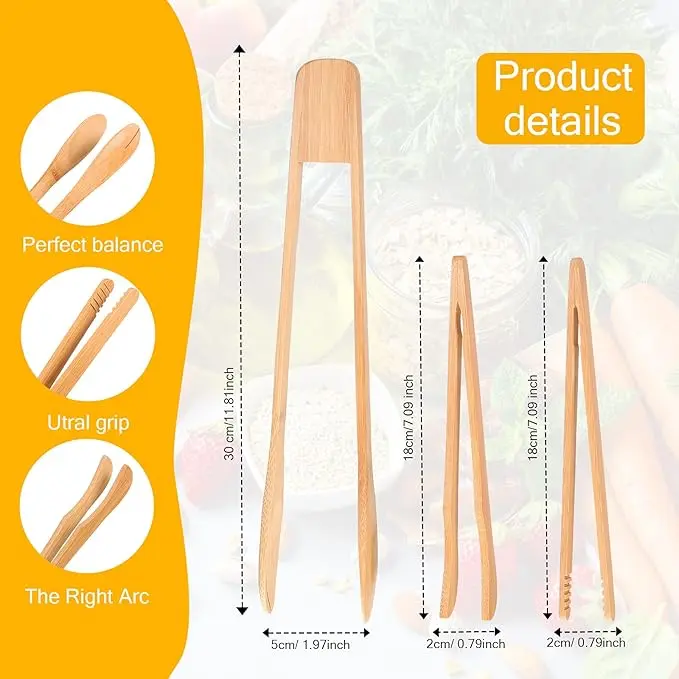 6-Pack Bamboo Toaster & Salad Tongs – Long Wooden Kitchen Utensils for Toast, Bacon, Cake, Spaghetti, Salad & More – Non-Scratch Heat-Resistant Cooking Tools