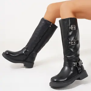 Women's Chic Black Mid-Calf Boots Women Chunky Sole with Metal Buckles Moto Style Footwear