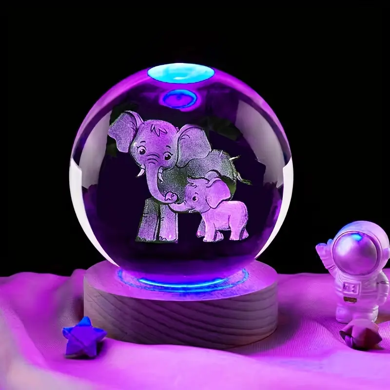 1pc USB-Powered 2.36in 3D Laser-Engraved Elephant Crystal Ball with LED Base - Multicolor Warm Glow Night Light, Retro Home Decor Table Lamp for Bedside/Desk - Ideal Gift for Elephant Lovers (Children's Day/Mother’s Day), 2.36Inch