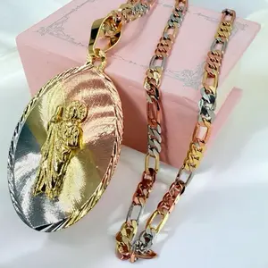 Saint Jude Thaddeus Pendant Necklace 18K Gold Plated Tricolor Cuban Chain 22 Inch 5.5 cm x 3 cm Modern Religious Style Jewelry