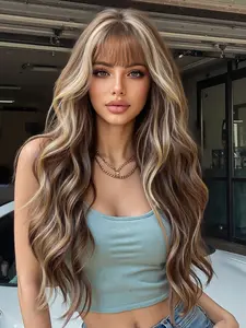 26 Inch Women's Long Curly Synthetic Wavy Wig, High Light Bangs Gradient Color, Heat Resistant Fiber, Daily & Party Use, Multi-Functional Cosplay Accessory, Loose Wave Wig